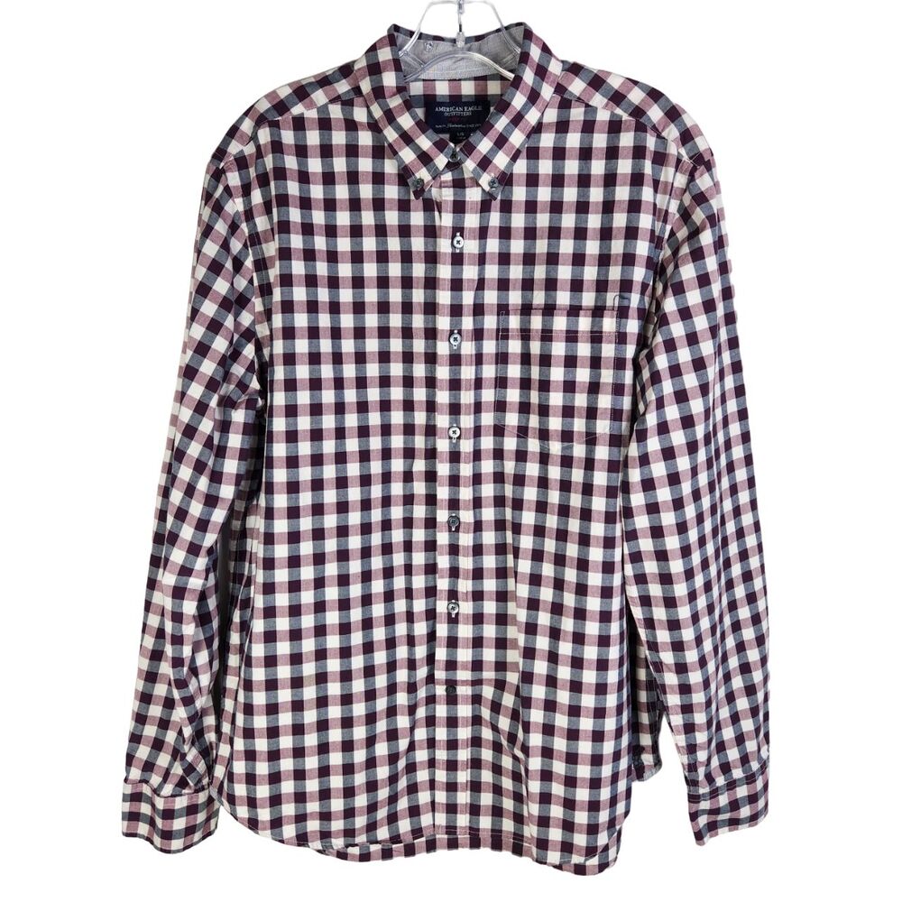 American Eagle Mens Button Down Shirt Size Large Blue Purple White Check Preppy